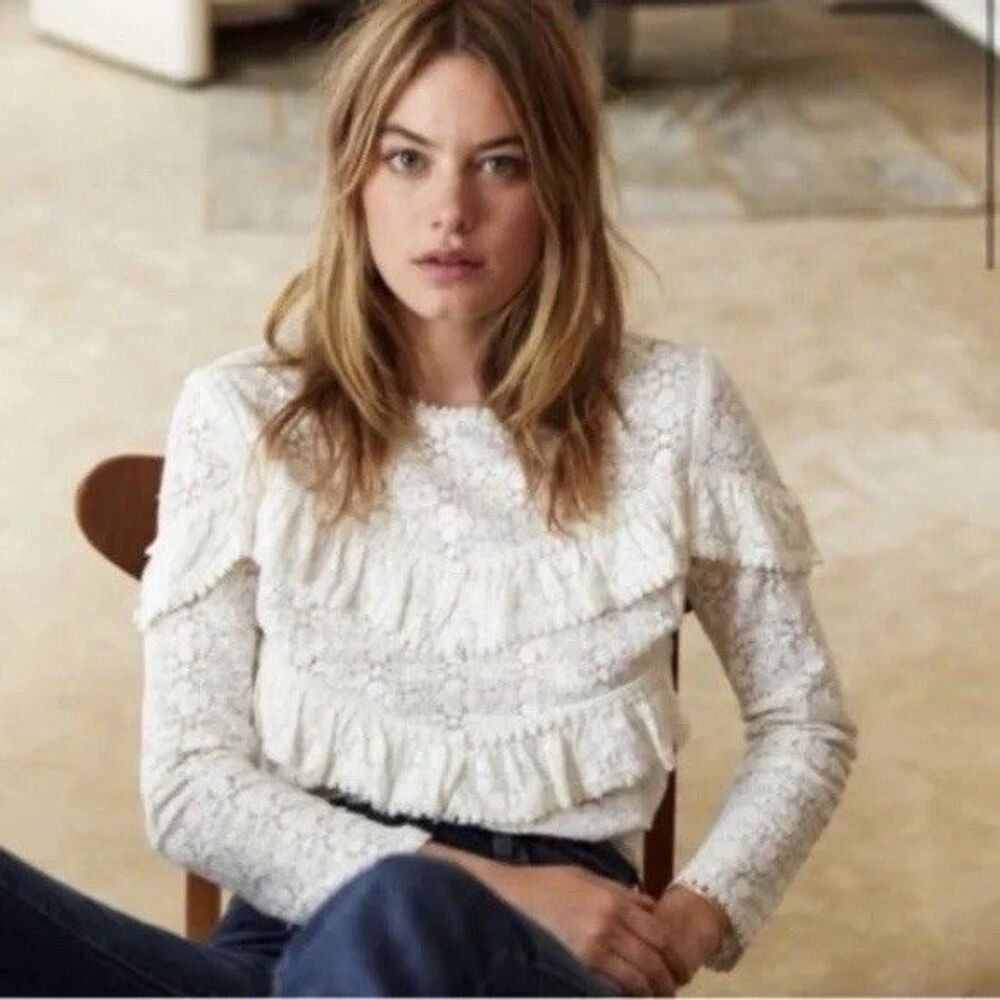 Sezane Ninon Blouse Size 40 US 8 White Lace Ruffle Long Sleeve Romantic Top - Picture 14 of 14